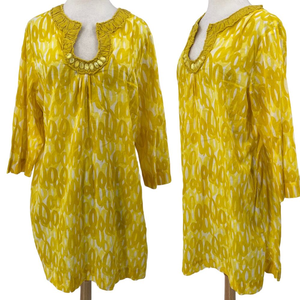 Boden Tunic Mini Dress Embellished Horseshoe Neckline Abstract Printed Yellow 18